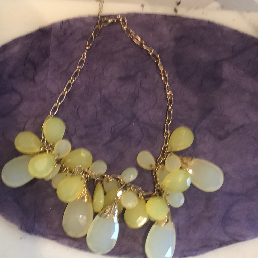 Ladies two toned yellow tear drop necklace metal is gold tone. Great for fall
